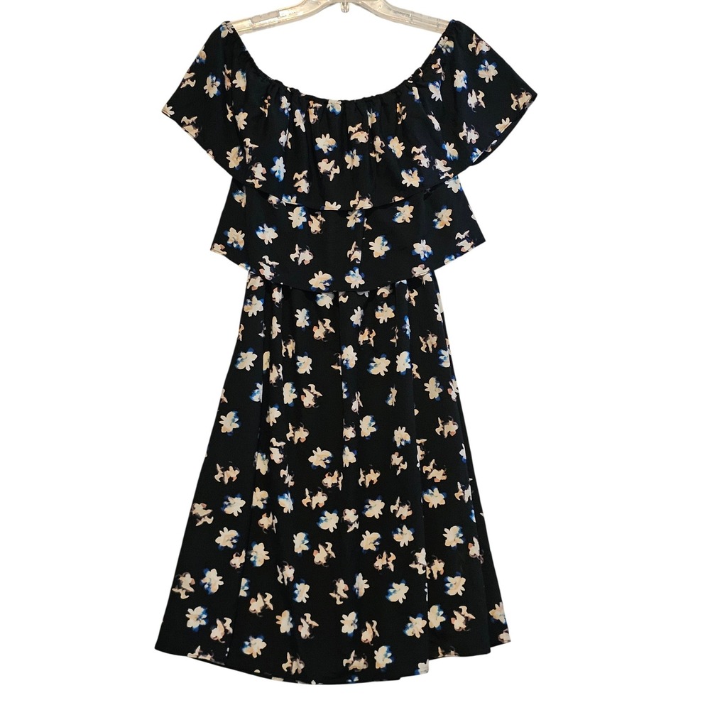 Cooper & Ella Black Floral Tiered‎ Off Shoulder Midi Dress Women's